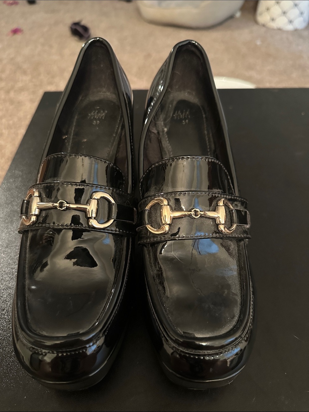 H&M Black Patent Loafers with Gold Bit Detail